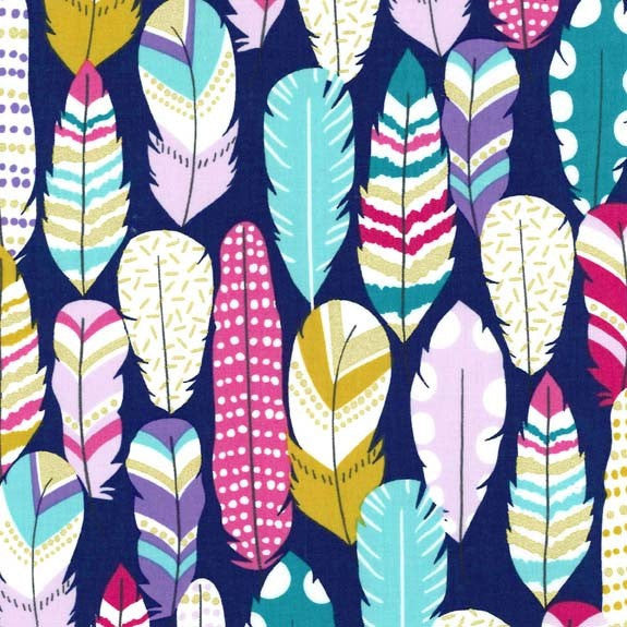SALE Arrow Flight Plucked Midnight by Michael Miller - Navy Blue Feathers Metallic Gold  - Quilting Cotton Fabric