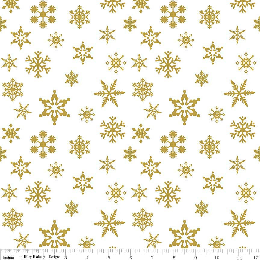 SALE Snowflake SPARKLE Gold by Riley Blake Designs - Snow Flake White Metallic - Quilting Cotton Fabric