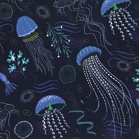 Fat Quarter End of Bolt - Into the Deep Lagoon by Michael Miller - Jellyfish Ocean Nautical Navy Blue - Quilting Cotton Fabric