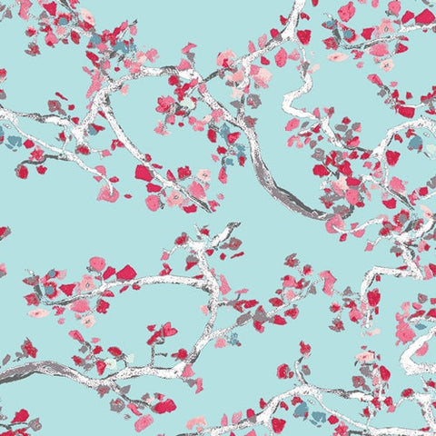 22" End of Bolt - SALE Wonderland Enchanted Leaves Air by Art Gallery - Pink Floral Blue -  Jersey KNIT cotton stretch fabric