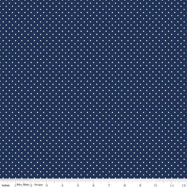 SALE White on Navy Flat Swiss Dots by Riley Blake Designs - Blue Polka Dot - Quilting Cotton Fabric