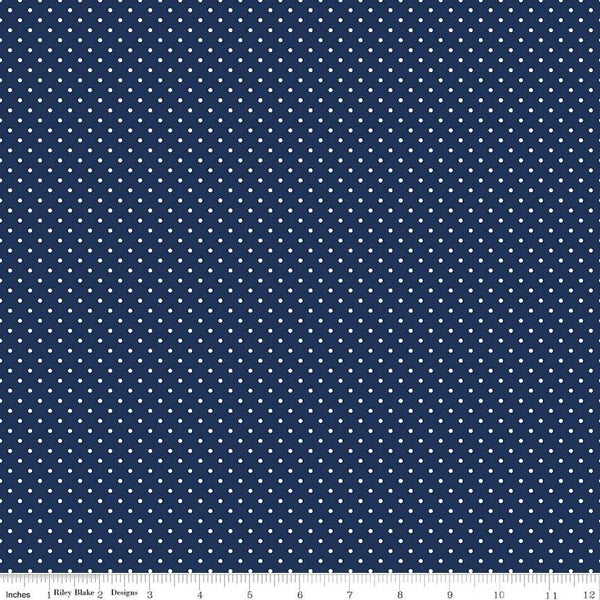 SALE White on Navy Flat Swiss Dots by Riley Blake Designs - Blue Polka Dot - Quilting Cotton Fabric