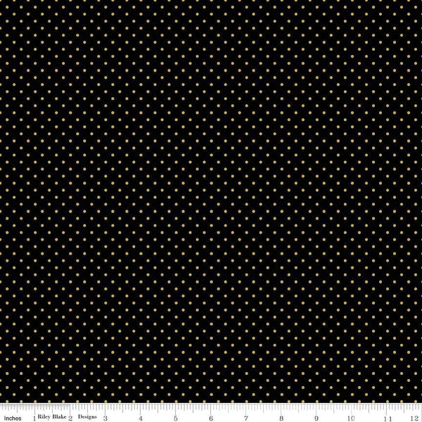 17" End of Bolt - Gold SPARKLE Flat Swiss Dot on Black by Riley Blake Designs - Polka Dots Metallic - Quilting Cotton Fabric