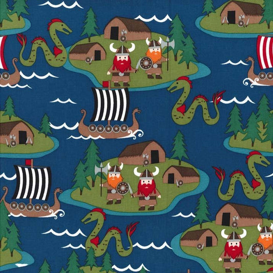 14" End of Bolt - Vikings Turquoise - Michael Miller - Ocean Boats Islands - Quilting Cotton Fabric