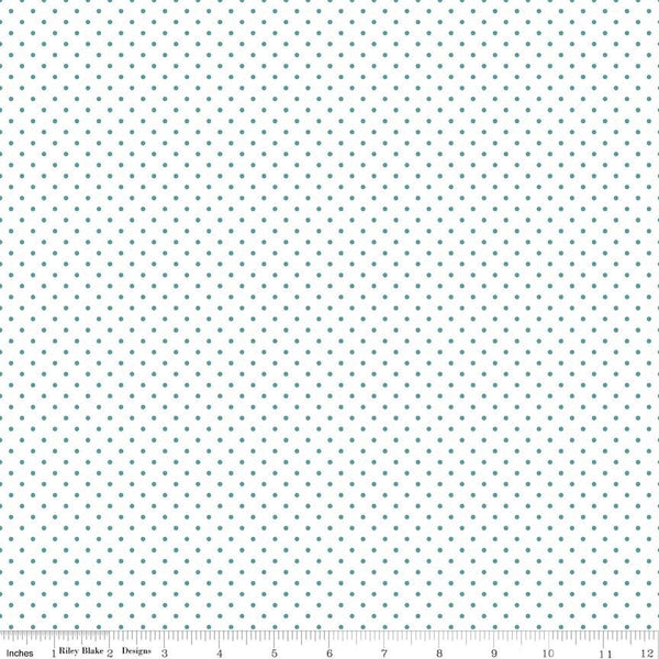 Teal Flat Swiss Dots on White - Riley Blake Designs - Blue Green Polka Dot - Quilting Cotton Fabric