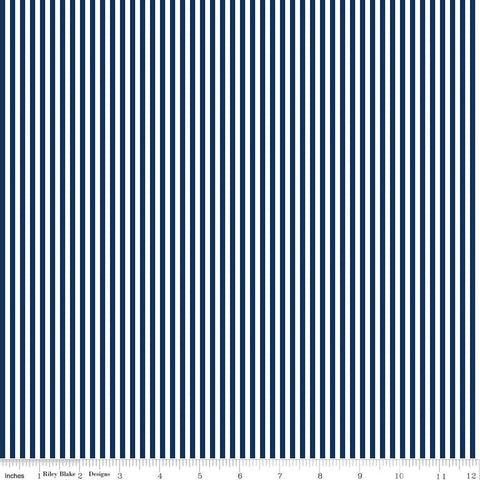 SALE Navy Blue and White 1/8 Eighth Inch Stripe - Riley Blake Designs - Quilting Cotton Fabric