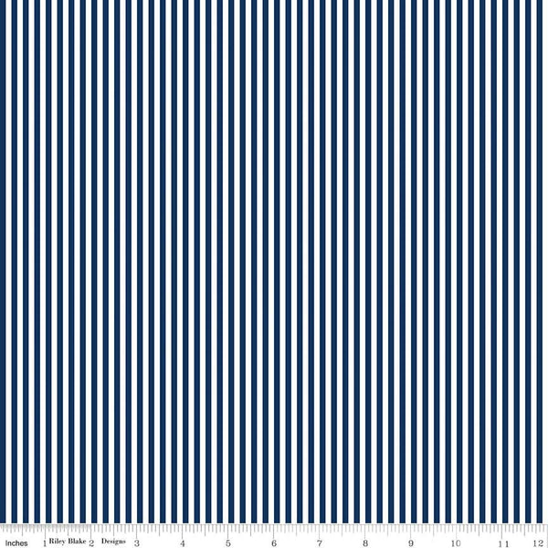 SALE Navy Blue and White 1/8 Eighth Inch Stripe - Riley Blake Designs - Quilting Cotton Fabric