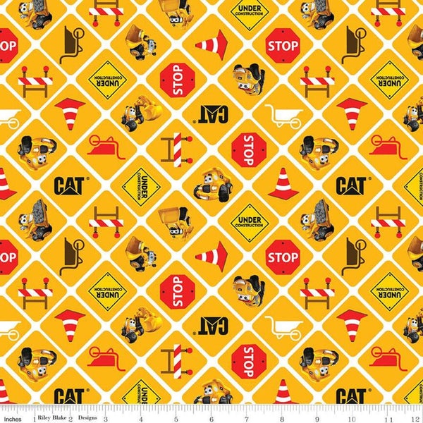 SALE CAT Buildin' Crew Signs Yellow - Riley Blake Designs - Construction Vehicles Grid - Quilting Cotton Fabric