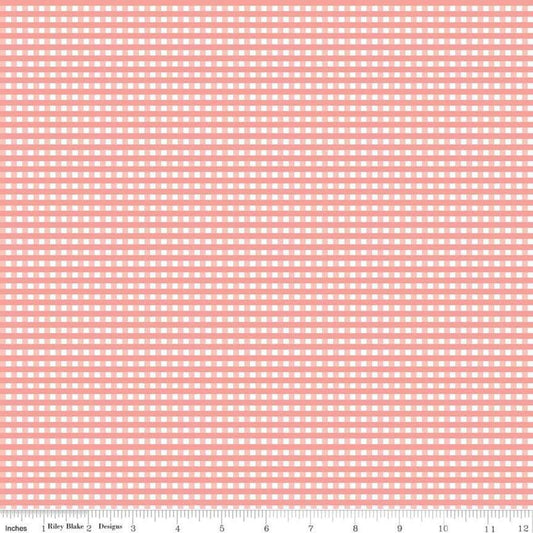 26" End of Bolt - Coral and White 1/8" Eighth Inch Small PRINTED Gingham - Riley Blake - Pink Checker - Quilting Cotton Fabric