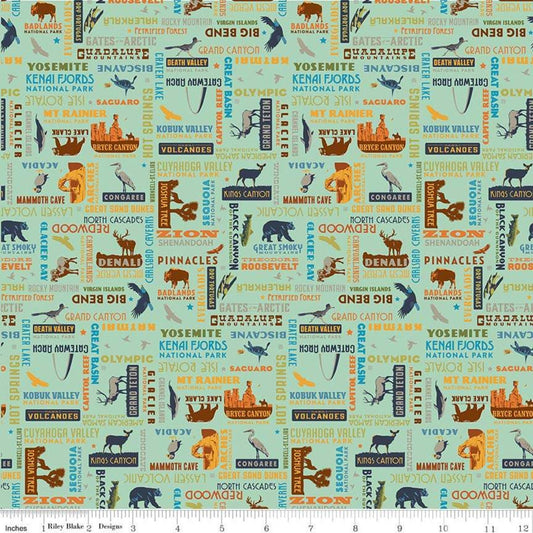 DEAL National Parks Word Print Sea Green Wildlife Outdoor Fabric - C8784 - Riley Blake Quilting Cotton Fabric