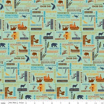 SALE National Parks Word Print Sea Green Wildlife Outdoor Fabric - C8784 - Riley Blake Quilting Cotton Fabric