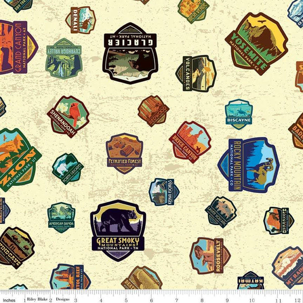 SALE National Parks Patches Cream - Riley Blake Designs - Recreation Outdoors - Quilting Cotton Fabric