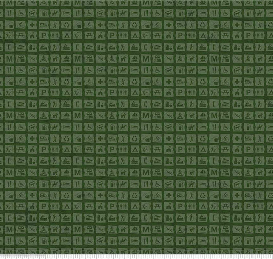 DEAL National Parks Signs Green - Riley Blake Designs - Recreation Outdoors Icons - Quilting Cotton Fabric