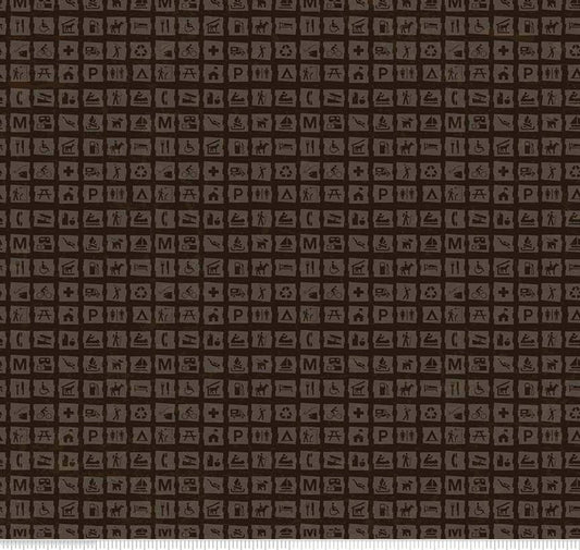 DEAL National Parks Signs Dark Brown - Riley Blake Designs - Recreation Outdoors Icons - Quilting Cotton Fabric