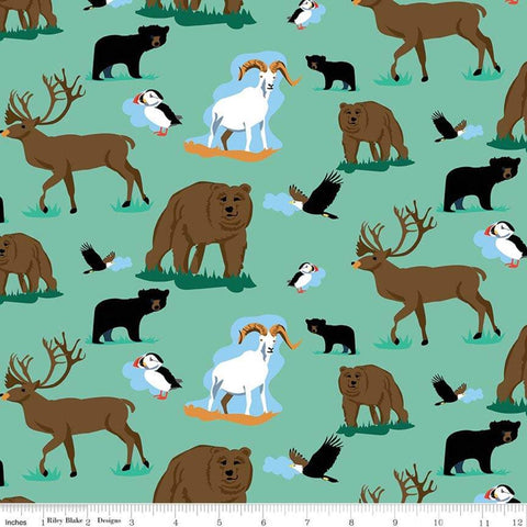 CLEARANCE 9" End of Bolt Piece - Northwest Wildlife Seafoam - Riley Blake - Green Alaska Washington Bears Deer - Quilting Cotton Fabric