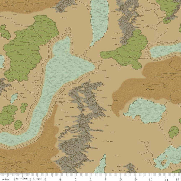 National Parks Map Sand - Riley Blake Designs - Topographical Lakes Mountains Outdoors Brown - Quilting Cotton Fabric