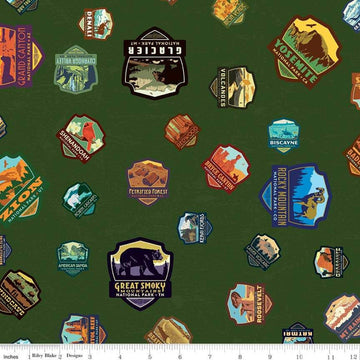 SALE National Parks Patches Green - Riley Blake Designs - Recreation Outdoors - Quilting Cotton Fabric