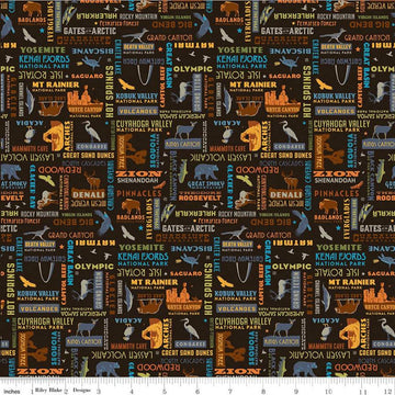 DEAL National Parks Word Print Black - Riley Blake Designs - Outdoors Names Places Wildlife - Quilting Cotton Fabric