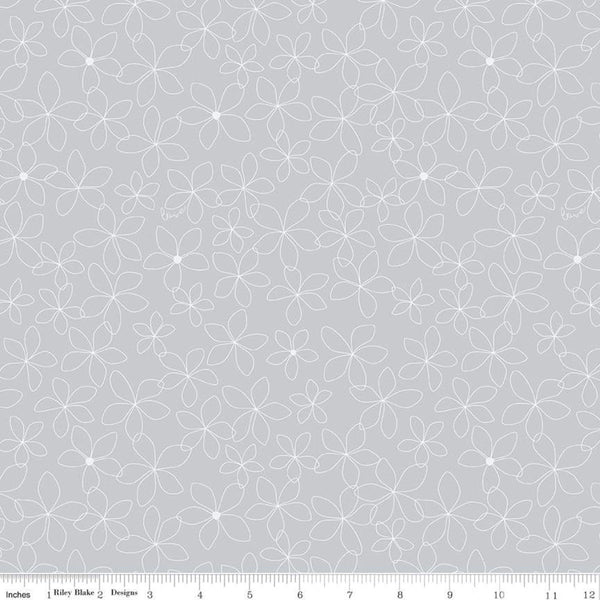 Fat Quarter End of Bolt - SALE Something Borrowed Petals Gray KNIT - Riley Blake - White Flower Outlines - Jersey KNIT cotton stretch fabric