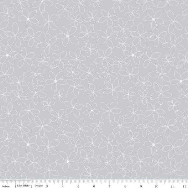 Fat Quarter End of Bolt - SALE Something Borrowed Petals Gray KNIT - Riley Blake - White Flower Outlines - Jersey KNIT cotton stretch fabric