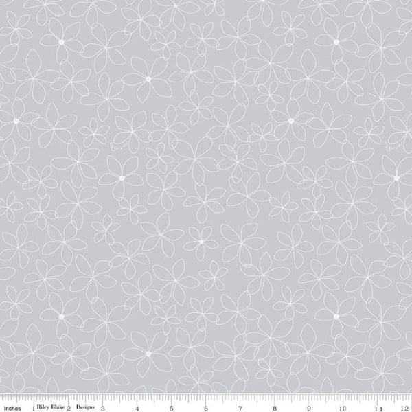 Fat Quarter End of Bolt - SALE Something Borrowed Petals Gray KNIT - Riley Blake - White Flower Outlines - Jersey KNIT cotton stretch fabric