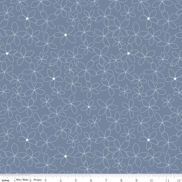 29" End of Bolt - SALE Something Borrowed Petals Blue KNIT - Riley Blake - Blue White Flower Outlines - Jersey KNIT cotton  stretch fabric