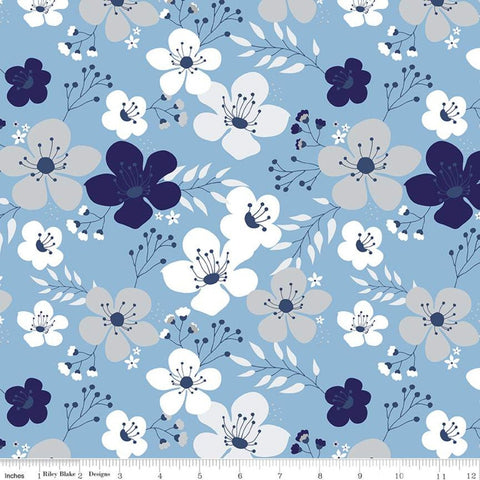 11" End of Bolt - SALE Something Borrowed Main Blue KNIT - Riley Blake - Blue Gray White Flowers Floral - Jersey KNIT cotton  stretch fabric