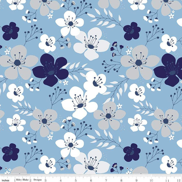 11" End of Bolt - Something Borrowed Main Blue KNIT - Riley Blake - Blue Gray White Flowers Floral - Jersey KNIT cotton  stretch fabric