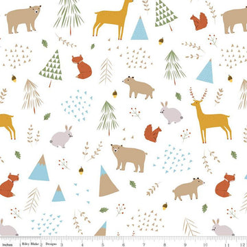 Fat Quarter End of Bolt - In the Forest Main White KNIT - Riley Blake - Bears Deer Squirrels Rabbits Foxes - Jersey cotton stretch fabric