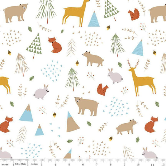 Fat Quarter End of Bolt - In the Forest Main White KNIT - Riley Blake - Bears Deer Squirrels Rabbits Foxes - Jersey cotton stretch fabric
