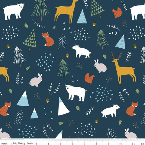 28" End of Bolt piece- SALE In the Forest Navy KNIT- Riley Blake Designs- Blue Bears Deer Rabbits Foxes - Jersey KNIT cotton stretch