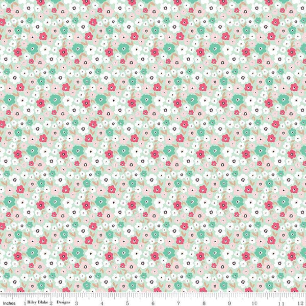 27" End of Bolt - SALE Glam Girl Small Floral Mint SPARKLE - Riley Blake - Green Floral Flowers Rose Gold METALLIC - Quilting Cotton Fabric