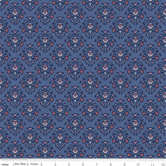 SUPER DEAL! 15" End of Bolt - Midnight Rose Damask Navy KNiT - Riley Blake Designs - Blue Floral - Jersey KNIT cotton  stretch fabric