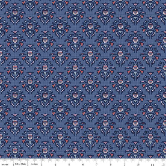 15" End of Bolt - CLEARANCE Midnight Rose Damask Navy KNIT - Riley Blake Designs - Blue Floral Flowers - Jersey KNIT cotton  stretch fabric