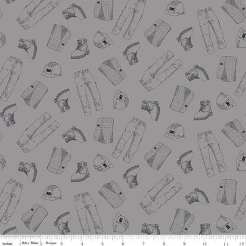 CLEARANCE CAT Garb Gray - Riley Blake Designs - Construction CAT Logo Clothing - Quilting Cotton Fabric