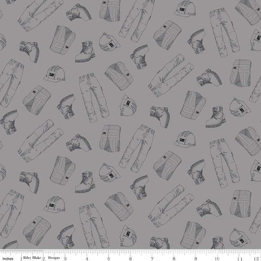 CLEARANCE CAT Garb Gray - Riley Blake Designs - Construction CAT Logo Clothing - Quilting Cotton Fabric