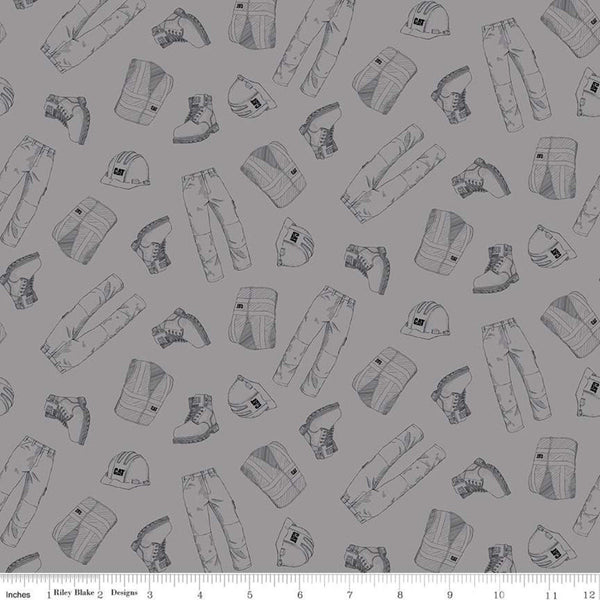 CLEARANCE CAT Garb Gray - Riley Blake Designs - Construction CAT Logo Clothing - Quilting Cotton Fabric