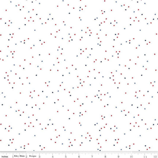 DEAL Blossom on White Uncle Sam - Riley Blake Designs - Flowers Floral Red Blue on White Patriotic - Quilting Cotton Fabric