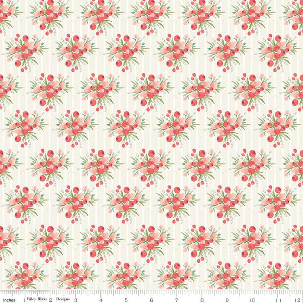 30" End of Bolt - CLEARANCE Flower Market Bouquets Cream - Riley Blake - Floral Flowers Stripes Orange Pink - Quilting Cotton Fabric