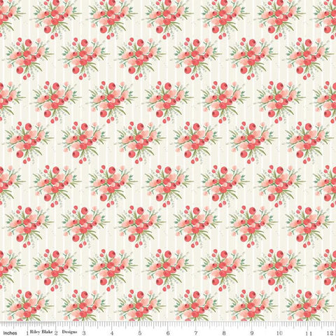 30" End of Bolt - CLEARANCE Flower Market Bouquets Cream - Riley Blake - Floral Flowers Stripes Orange Pink - Quilting Cotton Fabric