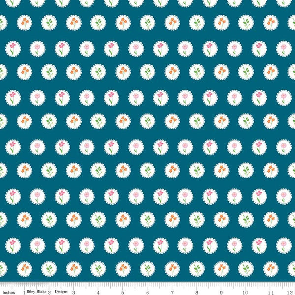 Fat Quarter End of Bolt - SALE Play Outside Circles Navy - Riley Blake Designs - Framed Flowers Floral Blue White  - Quilting Cotton Fabric