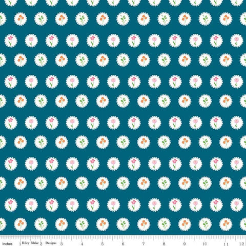 Fat Quarter End of Bolt - SALE Play Outside Circles Navy - Riley Blake Designs - Framed Flowers Floral Blue White  - Quilting Cotton Fabric