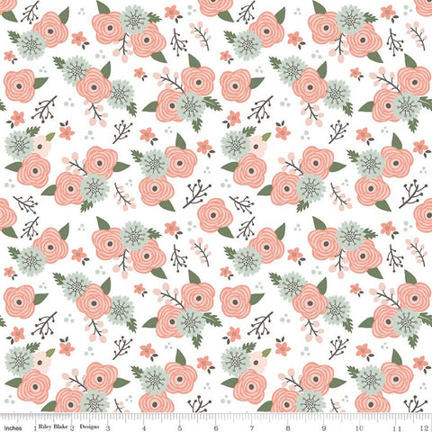 14" End of Bolt - SALE Modern Farmhouse Floral White SPARKLE - Riley Blake Designs - Coral Rose Gold Metallic - Quilting Cotton Fabric