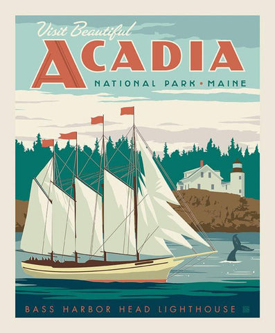 National Parks Poster Panel  Acadia by Riley Blake - Bass Harbor Head Lighthouse Maine DIGITALLY PRINTED - Quilting Cotton Fabric
