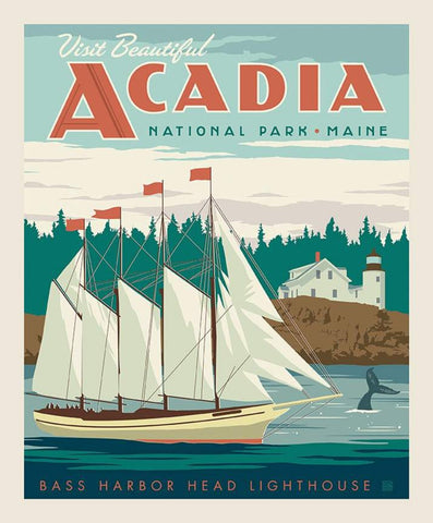 SALE National Parks Poster Panel  Acadia by Riley Blake - Bass Harbor Head Lighthouse Maine DIGITALLY PRINTED - Quilting Cotton Fabric