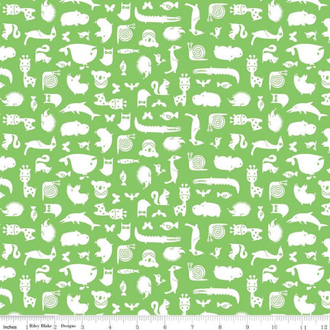 Fat Quarter End of Bolt - SALE Noah's Ark Animal Toss Green - Riley Blake Designs - Juvenile White Animals on Green - Quilting Cotton Fabric