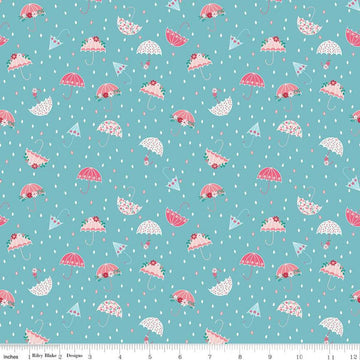 9" End of Bolt - Singing in the Rain Umbrellas Peacock - Riley Blake Designs - Raindrops Blue - Quilting Cotton Fabric - choose your cut