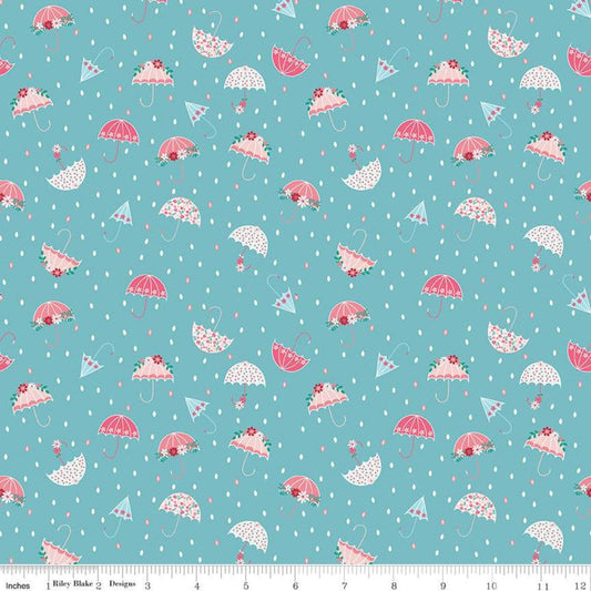 9" End of Bolt - Singing in the Rain Umbrellas Peacock - Riley Blake Designs - Raindrops Blue - Quilting Cotton Fabric - choose your cut