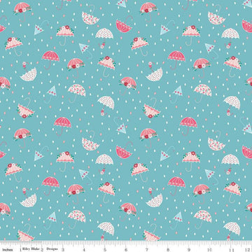 Fat Quarter End of Bolt - Singing in the Rain Umbrellas Peacock - Riley Blake - Raindrops Blue - Quilting Cotton Fabric - choose your cut