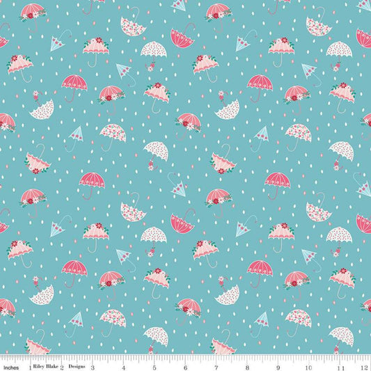 Fat Quarter End of Bolt - Singing in the Rain Umbrellas Peacock - Riley Blake - Raindrops Blue - Quilting Cotton Fabric - choose your cut